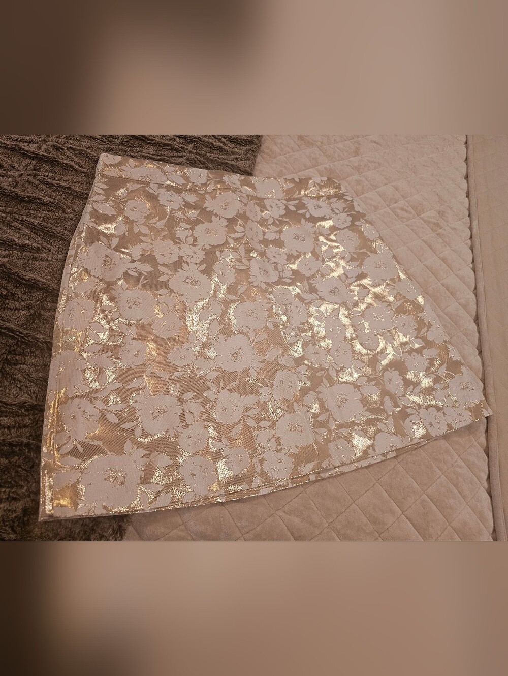 J. Crew White Floral Metallic Gold Skirt